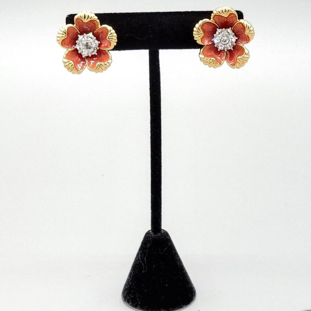 Nolan Miller Signed Gold Tone Metal Flower Cluster Pave Enamel Clip On Earrings